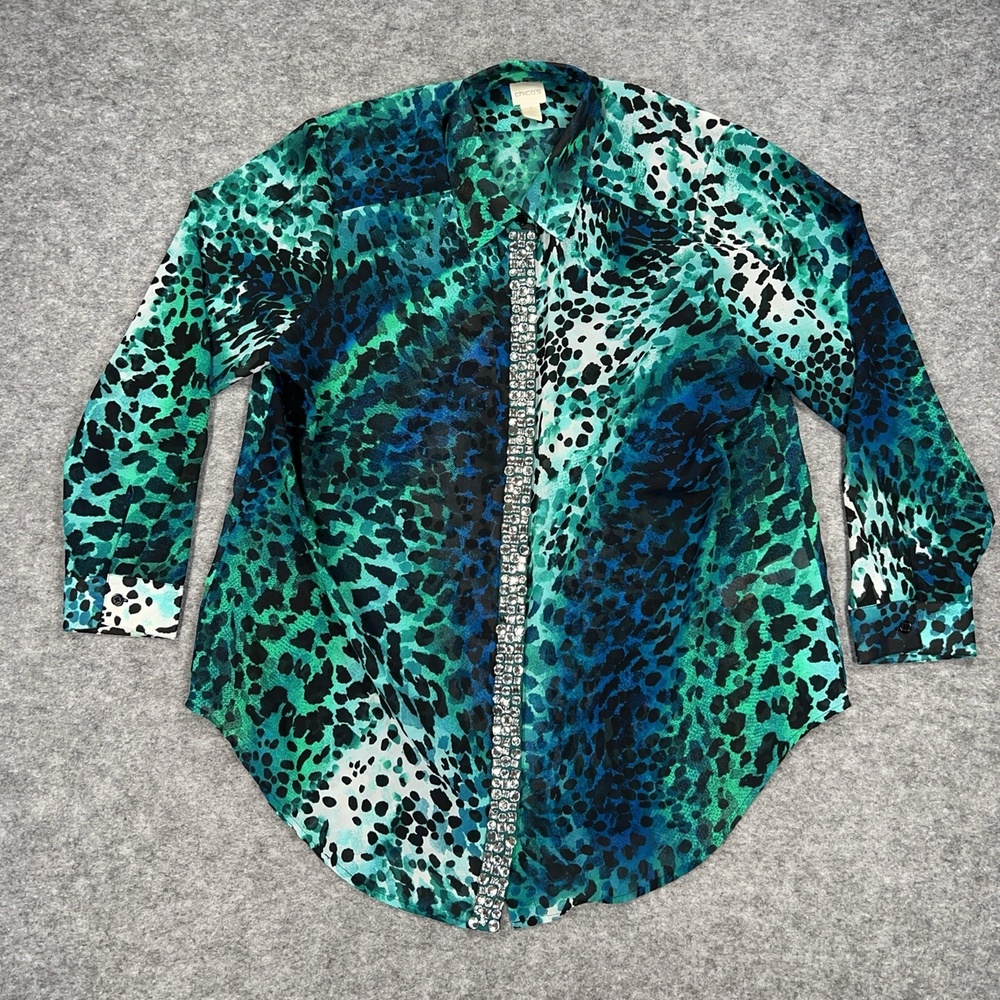 Chicos Tunic Womens XL Green Animal Print Chiffon Button Up Rhinestone Relaxed